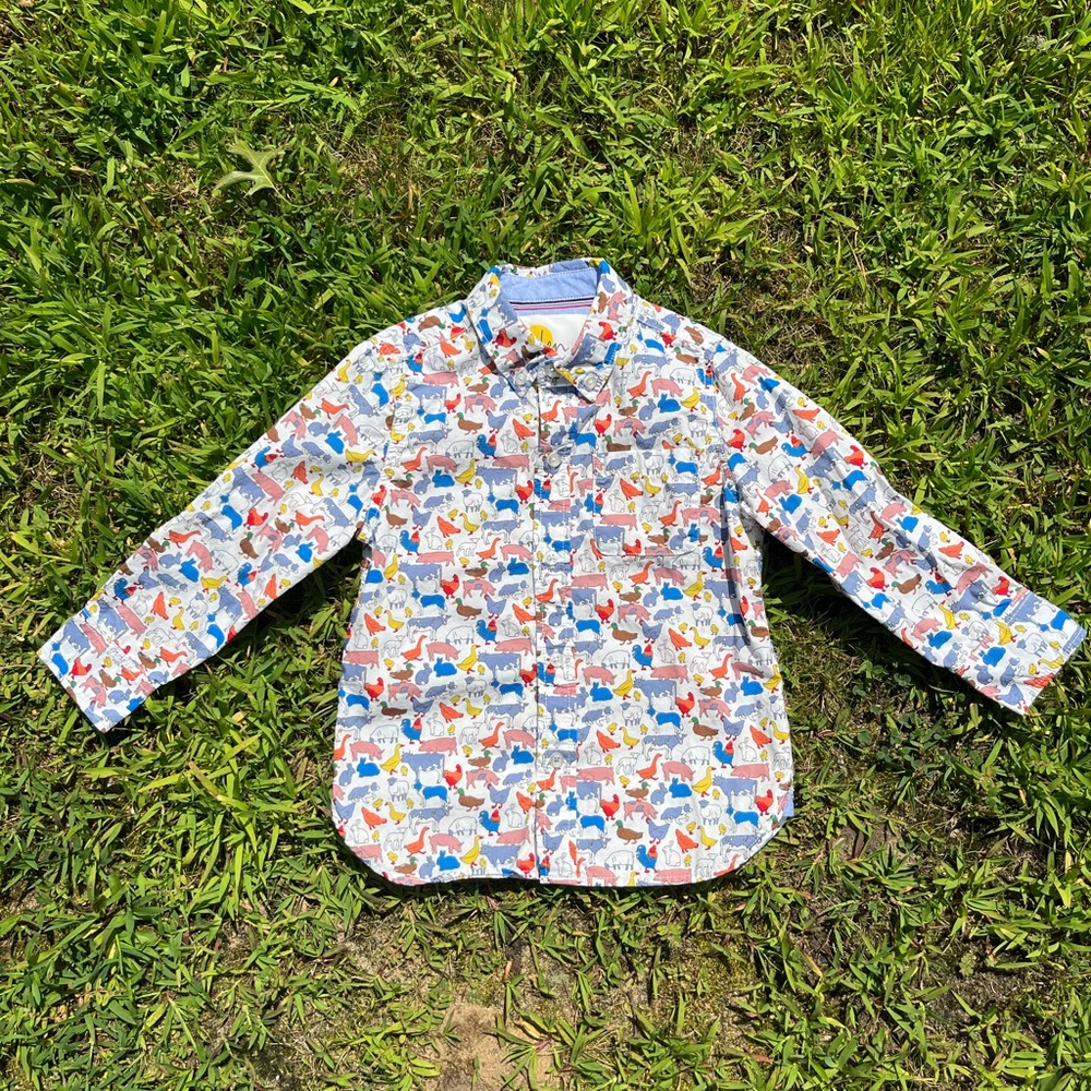 Mini Boden Boys Button Down Shirt with Farm Animals